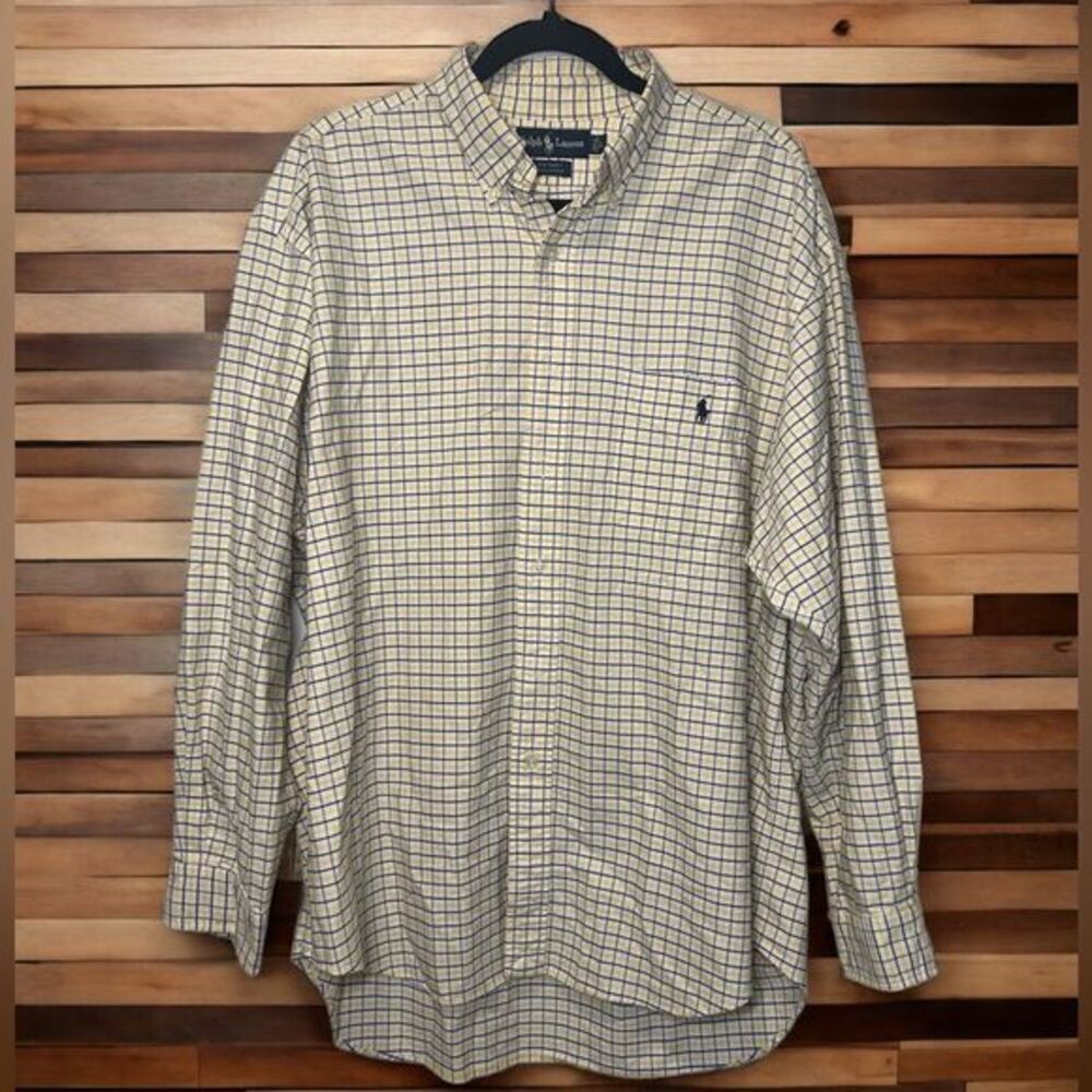 Ralph Lauren Shirt Check Plaid Oxford L/S Button Mens Size L Big Shirt‎ Cotton